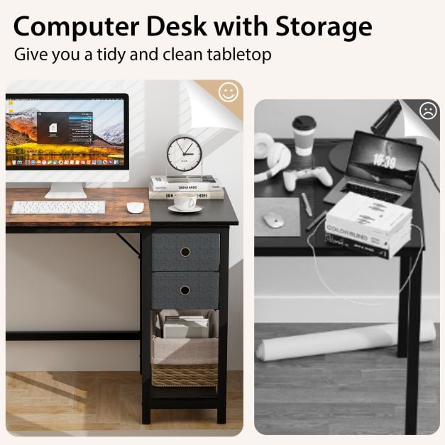 120cm / 140cm Home Office Desk with 2 Drawers Hanging Hook Rustic Brown + Black - TidySpaces