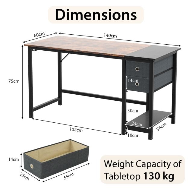 120cm / 140cm Home Office Desk with 2 Drawers Hanging Hook Rustic Brown + Black - TidySpaces