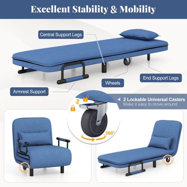 3-in-1 Convertible Sofa Bed with 5-Position Adjustable Backrest for Versatile Comfort