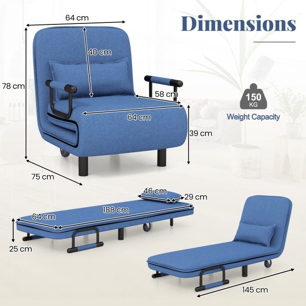 3-in-1 Convertible Sofa Bed with 5-Position Adjustable Backrest for Versatile Comfort