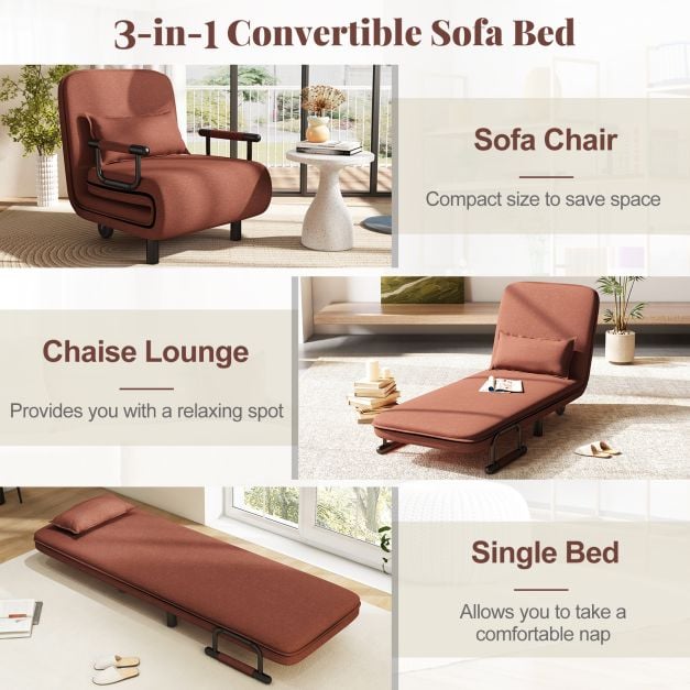3-in-1 Convertible Sofa Bed with 5-Position Adjustable Backrest for Versatile Comfort
