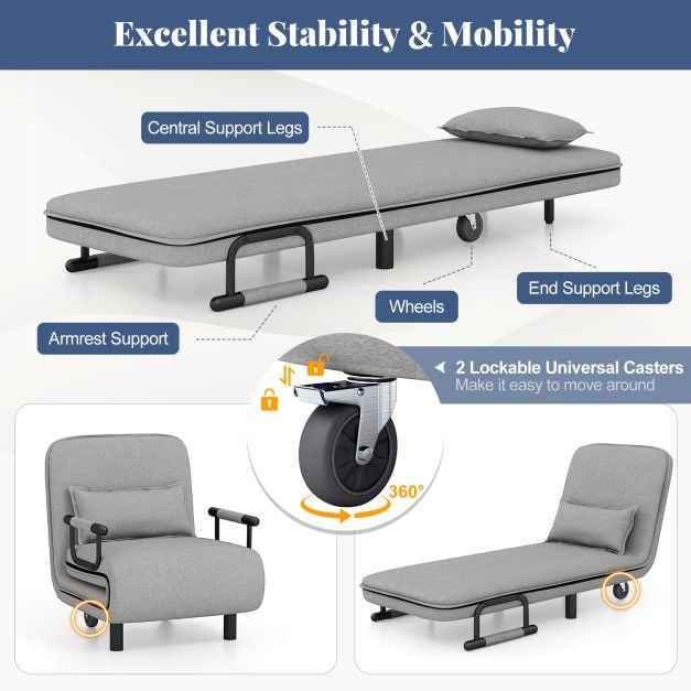 3-in-1 Convertible Sofa Bed with 5-Position Adjustable Backrest for Versatile Comfort