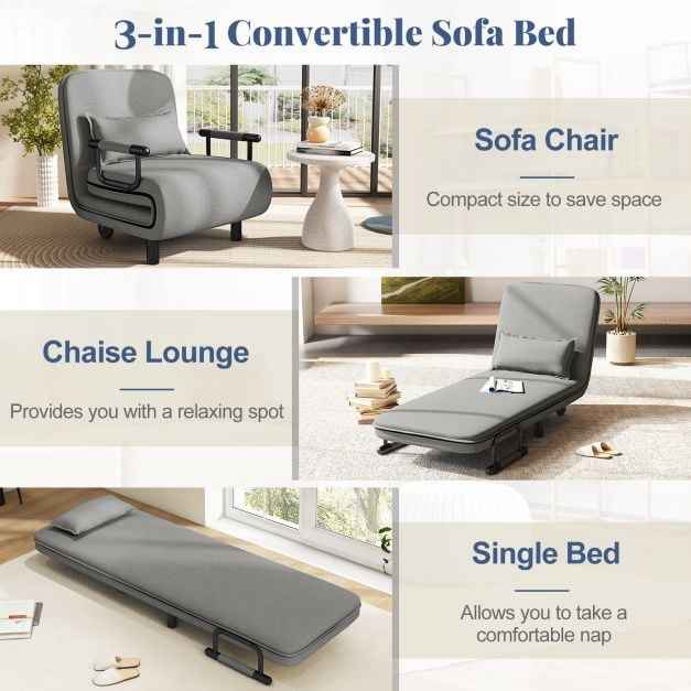 3-in-1 Convertible Sofa Bed with 5-Position Adjustable Backrest for Versatile Comfort