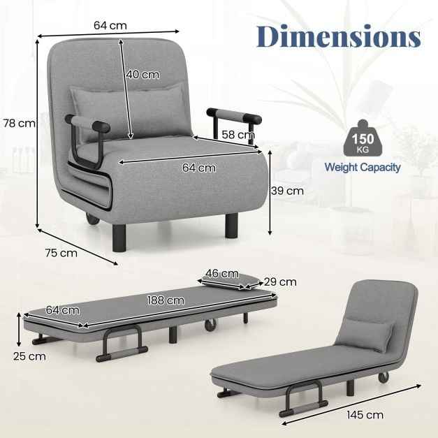3-in-1 Convertible Sofa Bed with 5-Position Adjustable Backrest for Versatile Comfort