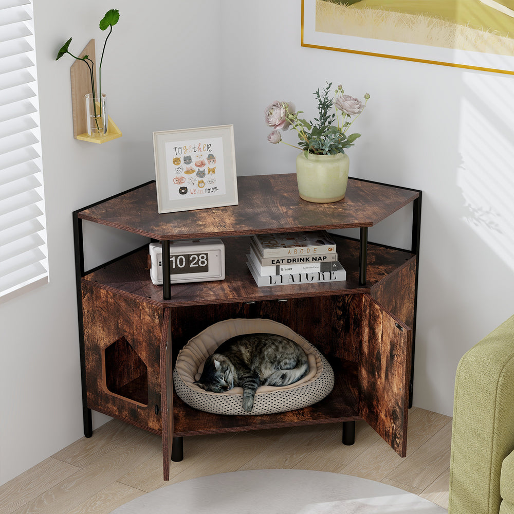 Corner Cat Litter Box Enclosure with Open Shelf - TidySpaces