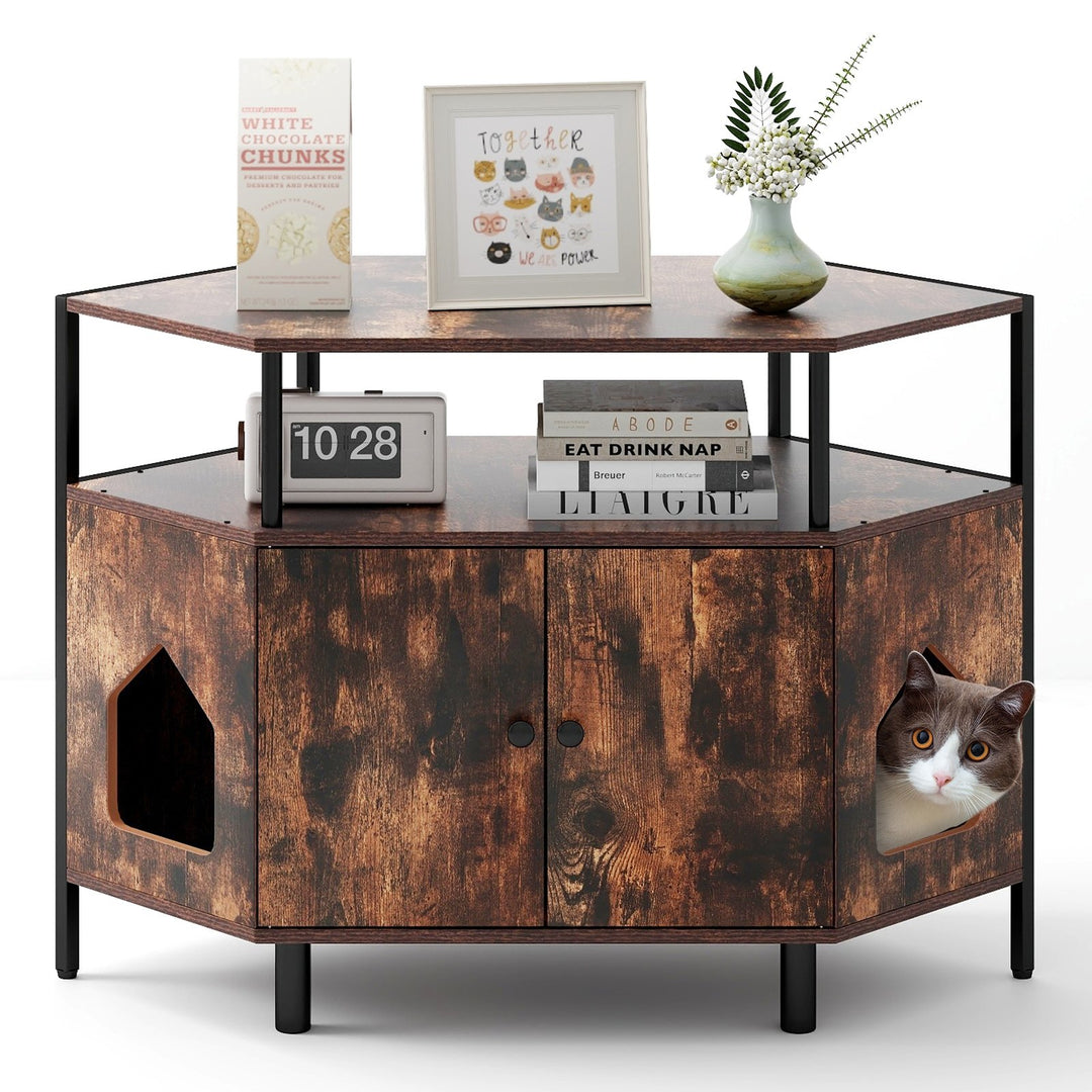 Corner Cat Litter Box Enclosure with Open Shelf Rustic Brown - TidySpaces