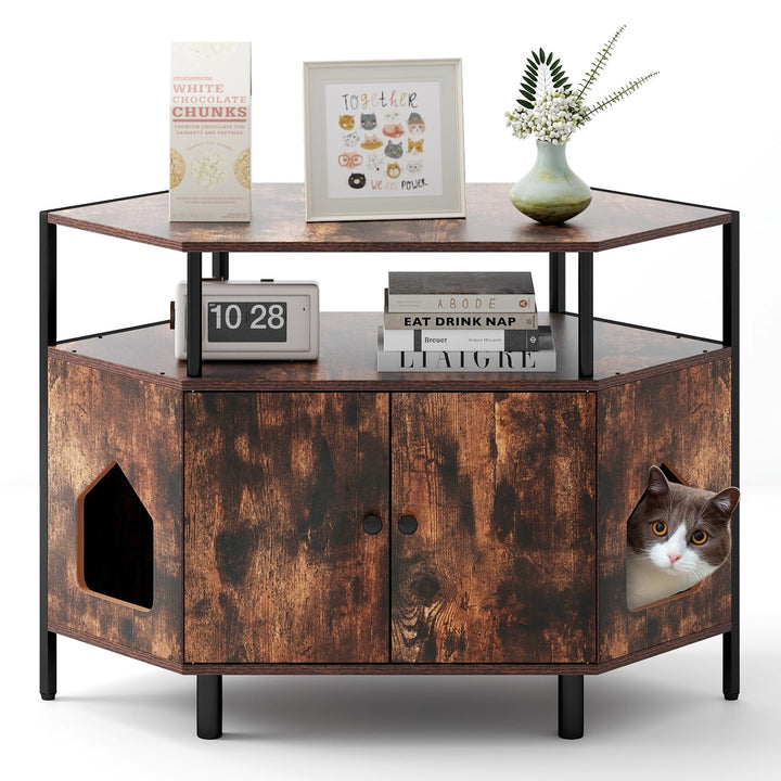 Corner Cat Litter Box Enclosure with Open Shelf Rustic Brown - TidySpaces