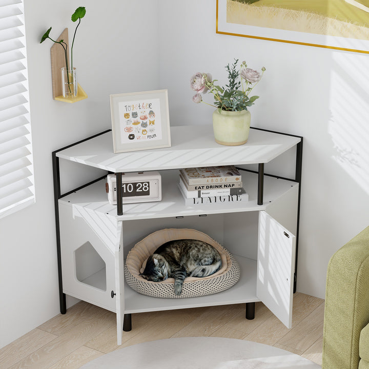 Corner Cat Litter Box Enclosure with Open Shelf - TidySpaces