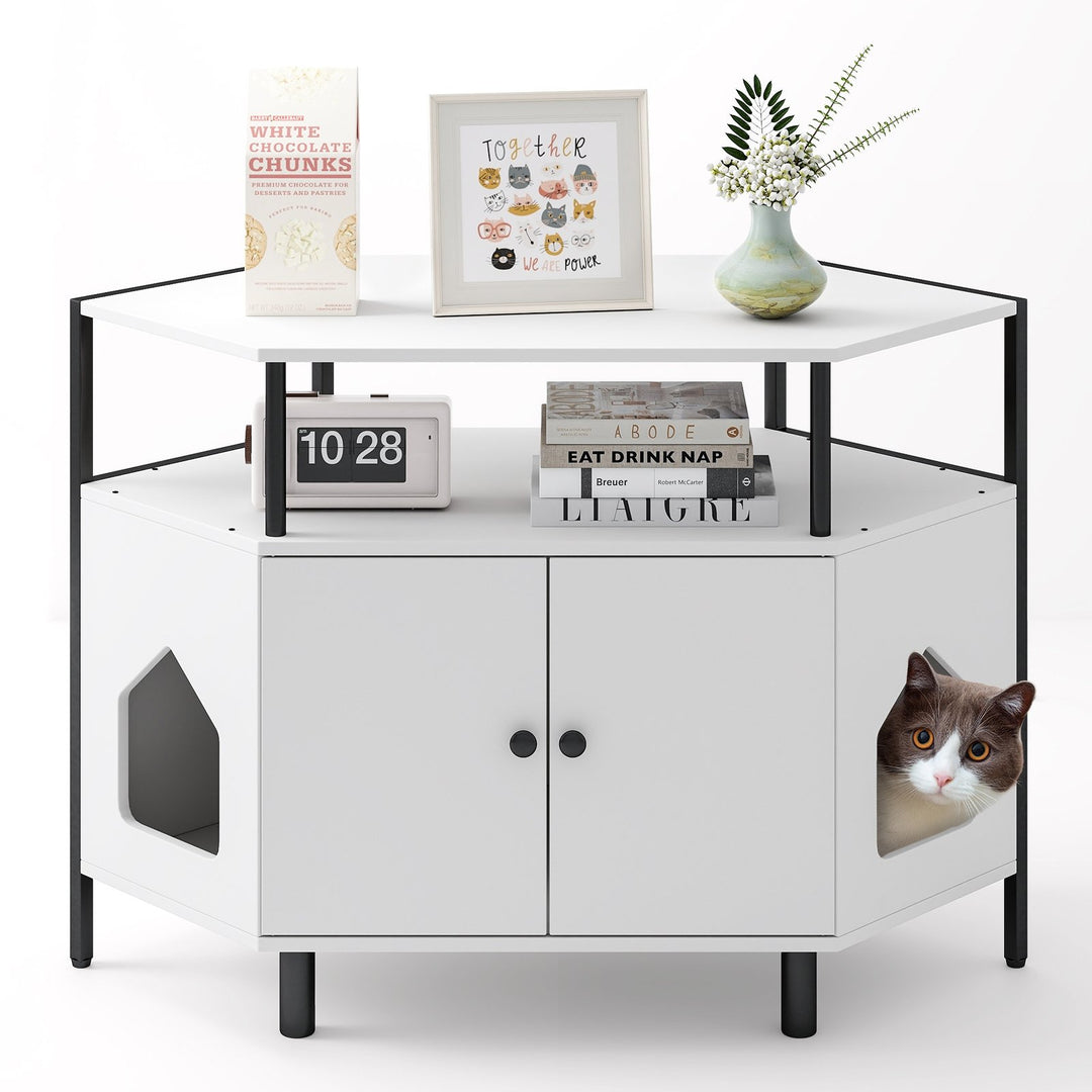 Corner Cat Litter Box Enclosure with Open Shelf White - TidySpaces