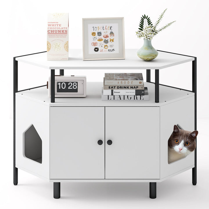 Corner Cat Litter Box Enclosure with Open Shelf White - TidySpaces