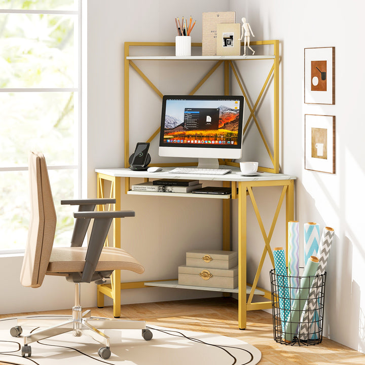 Corner Computer Desk with Hutch Storage Shelves and Keyboard Tray