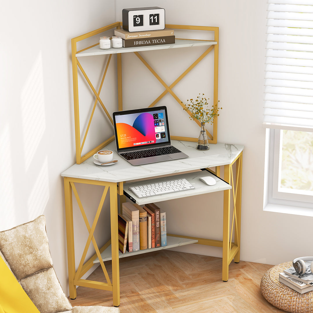 Corner Computer Desk with Hutch Storage Shelves and Keyboard Tray