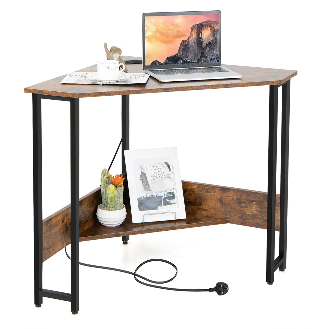 Corner Desk 90-degree Triangle Computer Desk with Power Outlet Rustic Brown - TidySpaces