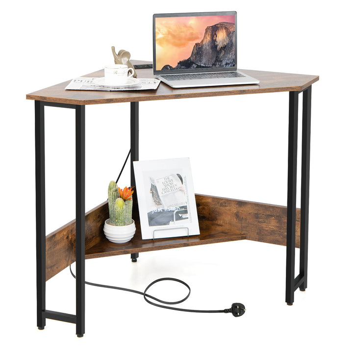 Corner Desk 90-degree Triangle Computer Desk with Power Outlet Rustic Brown - TidySpaces