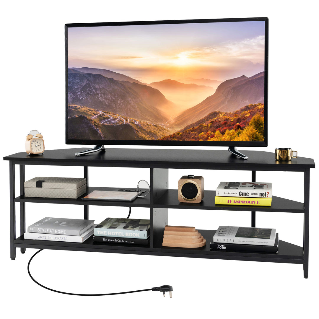 Corner TV Stand with AC Outlets and Storage Shelves