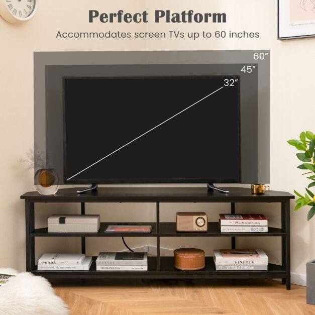 Corner TV Stand with AC Outlets and Storage Shelves