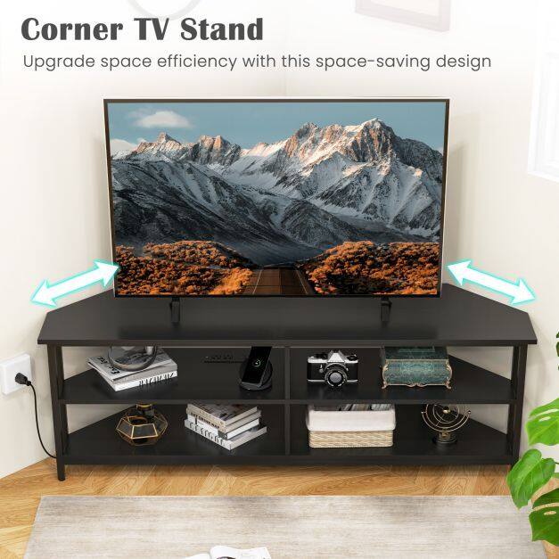 Corner TV Stand with AC Outlets and Storage Shelves