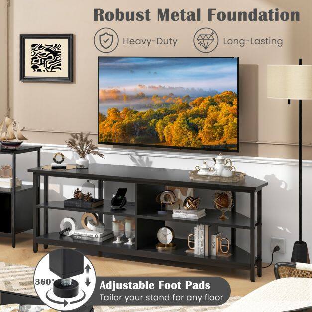 Corner TV Stand with AC Outlets and Storage Shelves