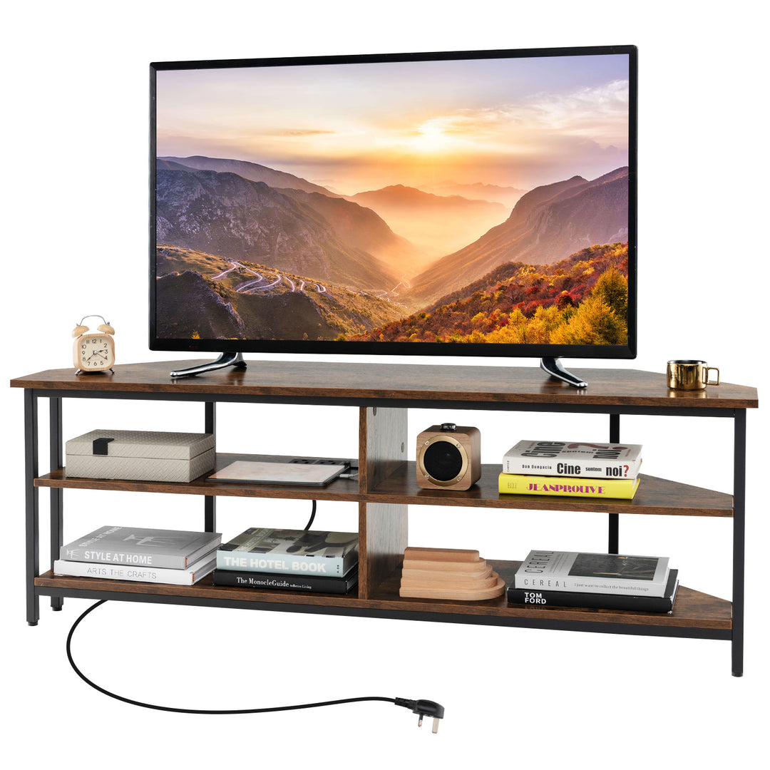 Corner TV Stand with AC Outlets and Storage Shelves