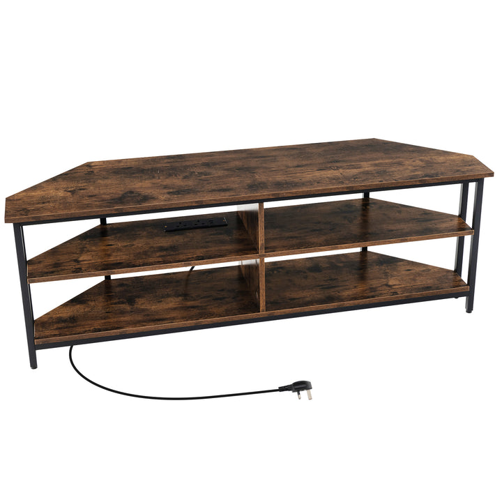 Corner TV Stand with AC Outlets and Storage Shelves