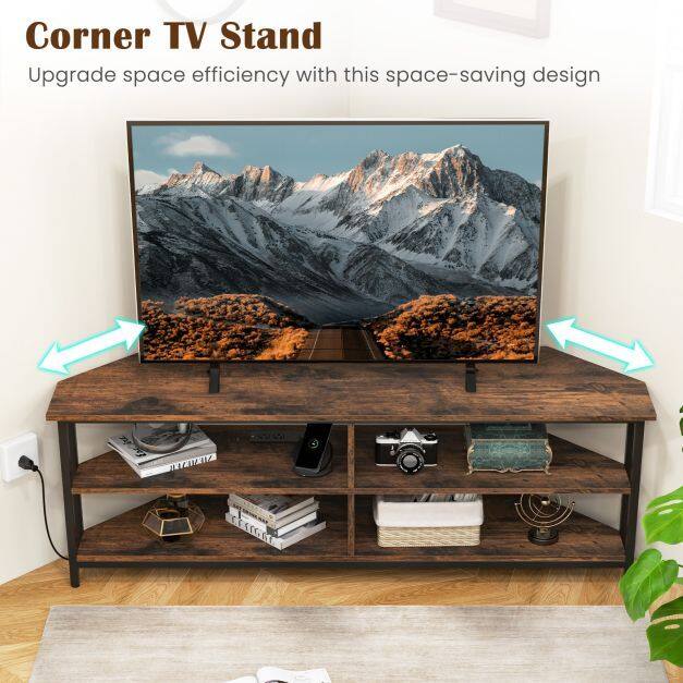 Corner TV Stand with AC Outlets and Storage Shelves