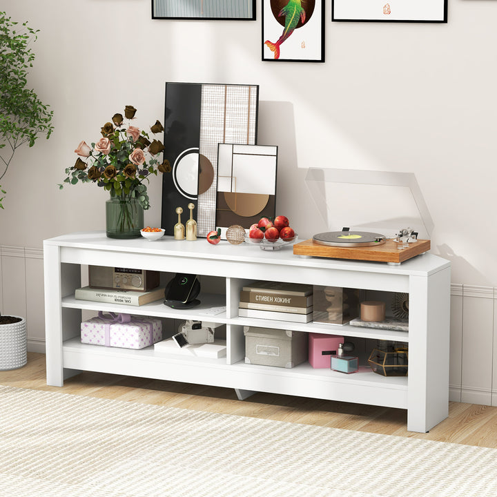 Corner TV Stand with Power Outlet and 4 Open Storage Shelves-White