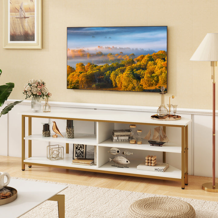 Corner TV Stand with AC Outlets and Storage Shelves - TidySpaces
