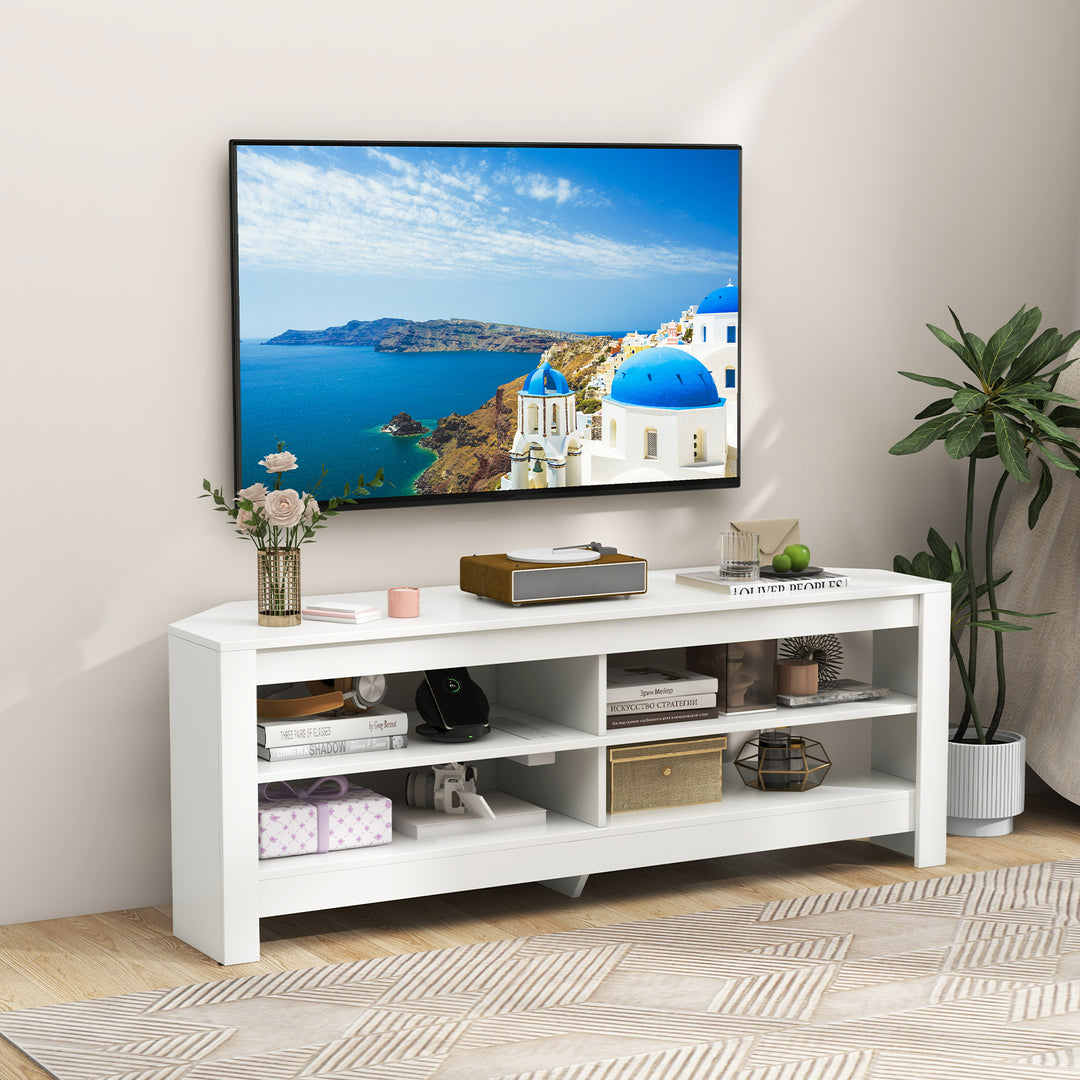 Corner TV Stand with Power Outlet and 4 Open Storage Shelves-White