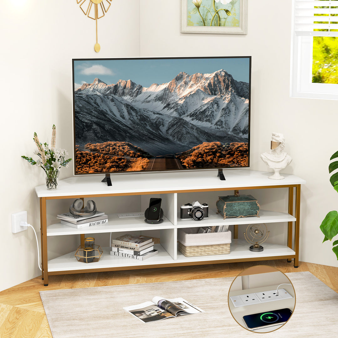 Corner TV Stand with AC Outlets and Storage Shelves - TidySpaces