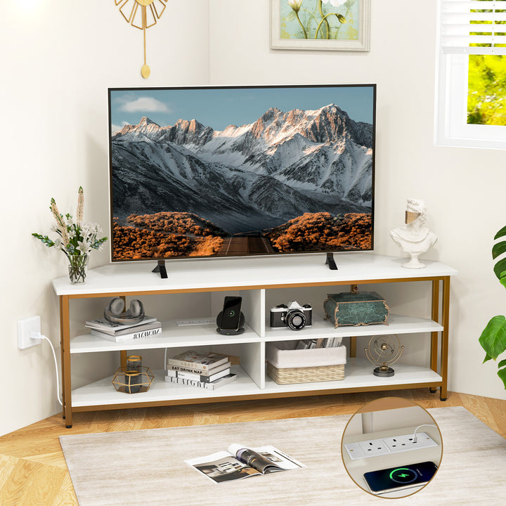 Corner TV Stand with AC Outlets and Storage Shelves - TidySpaces