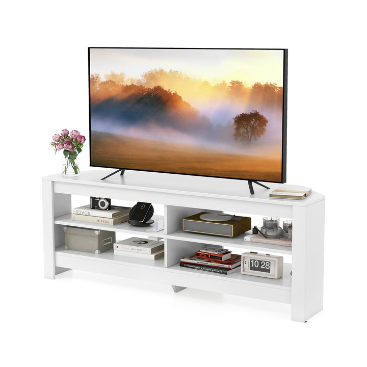 Corner TV Stand with Power Outlet and 4 Open Storage Shelves-White