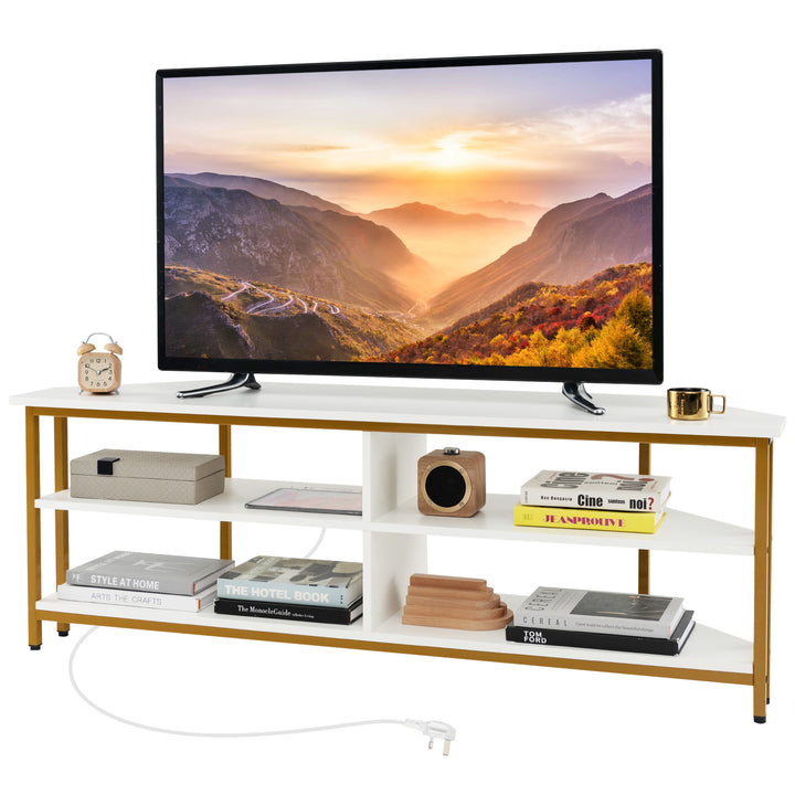 Corner TV Stand with AC Outlets and Storage Shelves - TidySpaces