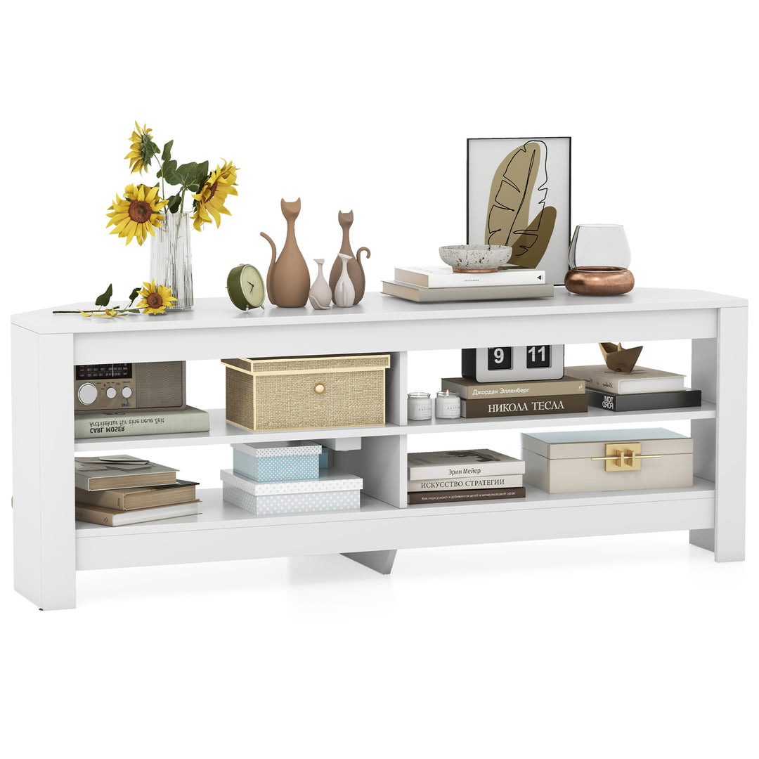 Corner TV Stand with Power Outlet and 4 Open Storage Shelves-White