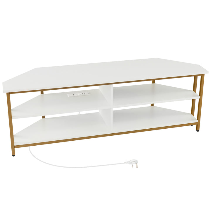 Corner TV Stand with AC Outlets and Storage Shelves White - TidySpaces