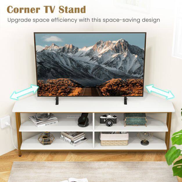 Corner TV Stand with AC Outlets and Storage Shelves