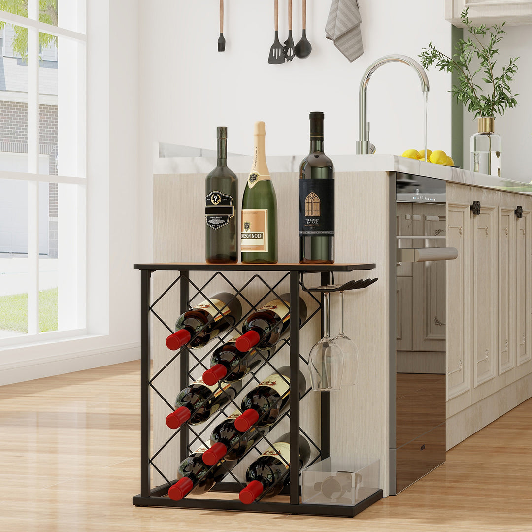 Countertop Wine Rack with Metal Frame and Storage Box for 8 Wine Bottles