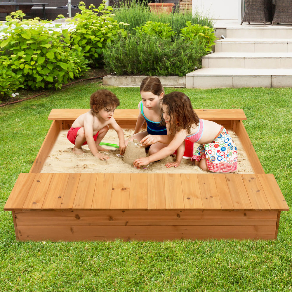 Covered Wooden Kids Sandbox with 2 Storage Boxes and Bottomless Design - TidySpaces