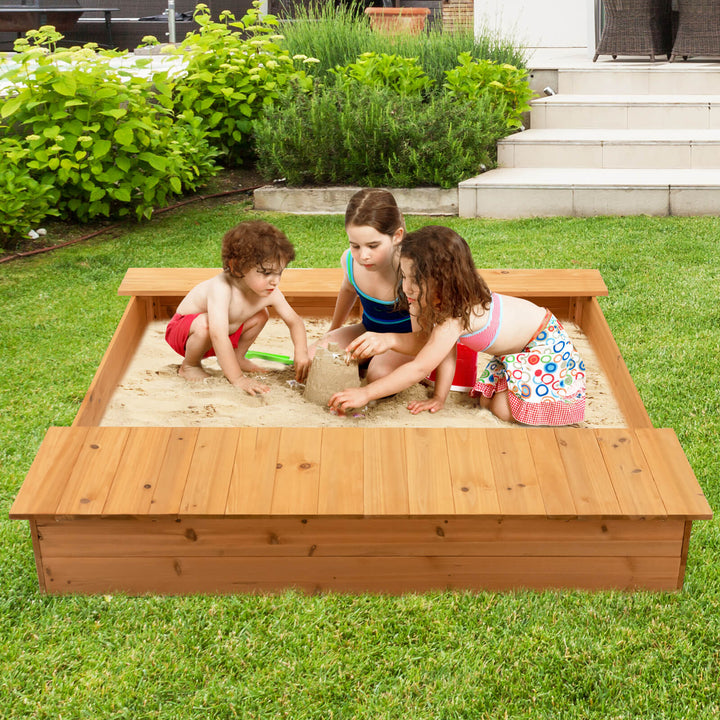 Covered Wooden Kids Sandbox with 2 Storage Boxes and Bottomless Design - TidySpaces