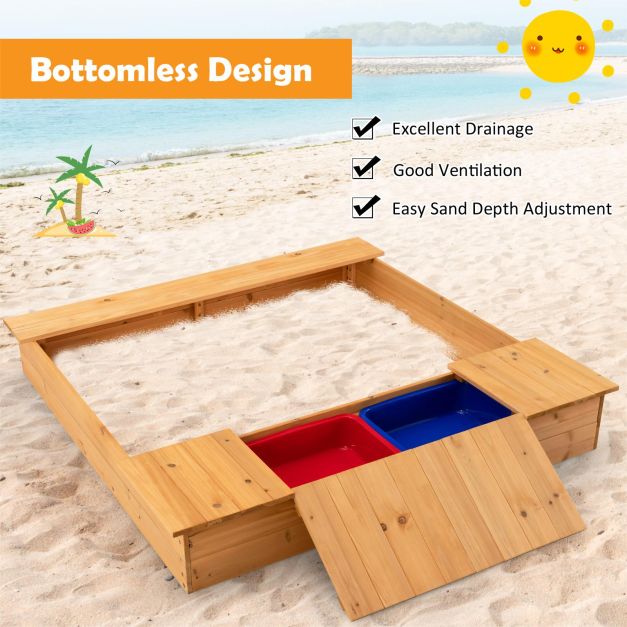 Covered Wooden Kids Sandbox with 2 Storage Boxes and Bottomless Design - TidySpaces