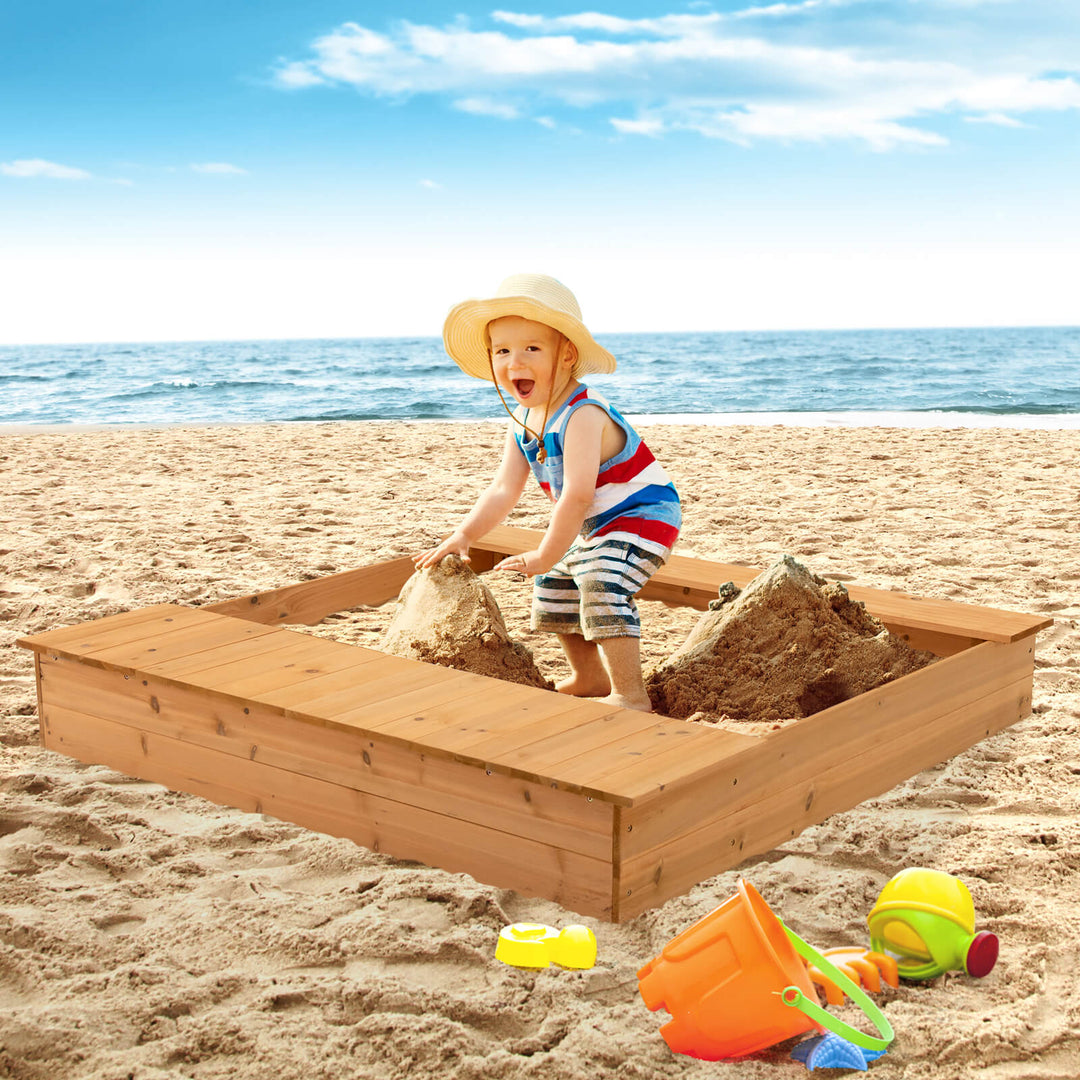 Covered Wooden Kids Sandbox with 2 Storage Boxes and Bottomless Design - TidySpaces