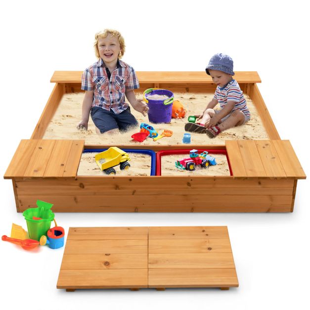 Covered Wooden Kids Sandbox with 2 Storage Boxes and Bottomless Design - TidySpaces