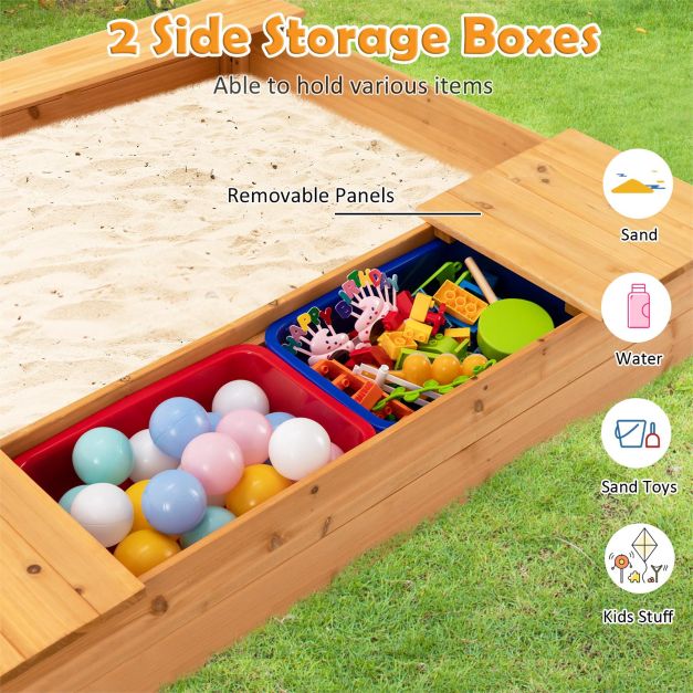 Covered Wooden Kids Sandbox with 2 Storage Boxes and Bottomless Design - TidySpaces