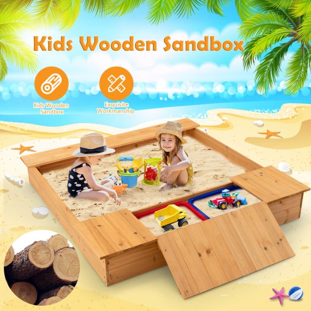 Covered Wooden Kids Sandbox with 2 Storage Boxes and Bottomless Design - TidySpaces