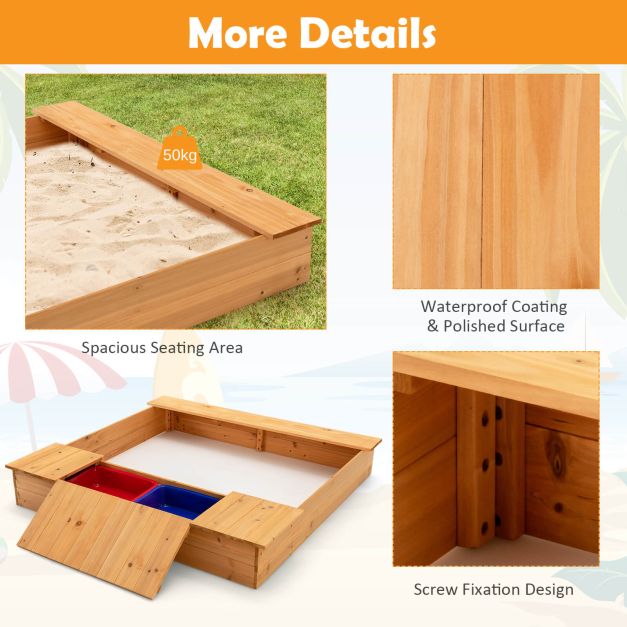 Covered Wooden Kids Sandbox with 2 Storage Boxes and Bottomless Design - TidySpaces