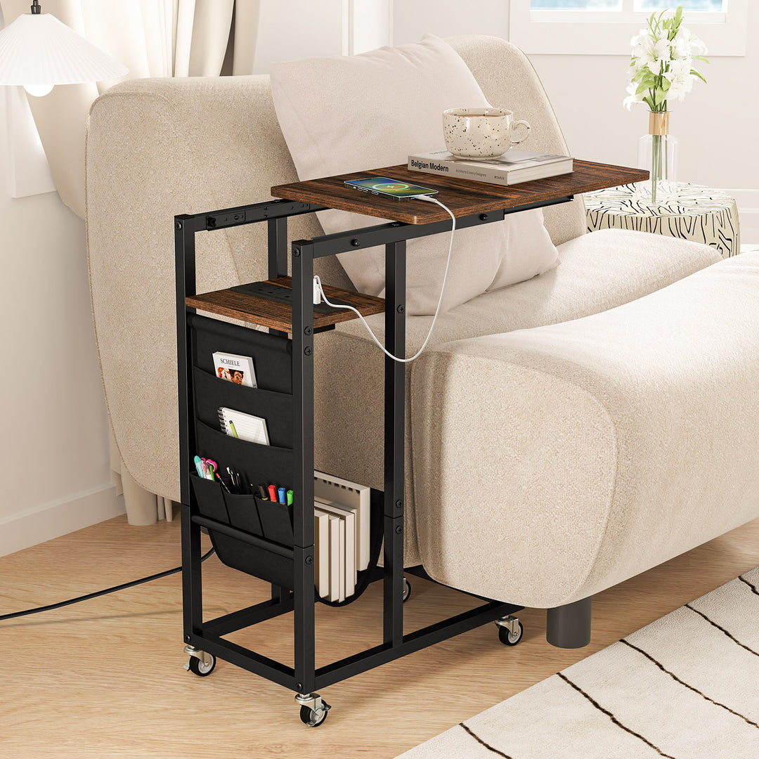 C-shaped End Table Rolling with Charging Station and Retractable Tabletop - TidySpaces