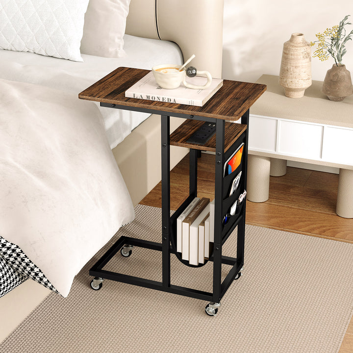 C-shaped End Table Rolling with Charging Station and Retractable Tabletop - TidySpaces