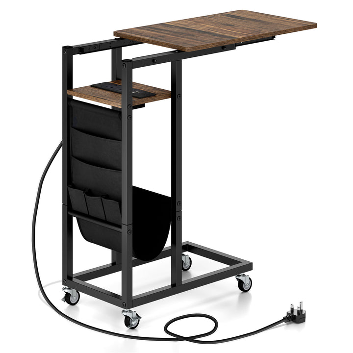 C-shaped End Table Rolling with Charging Station and Retractable Tabletop - TidySpaces