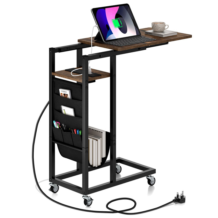 C-shaped End Table Rolling with Charging Station and Retractable Tabletop - TidySpaces