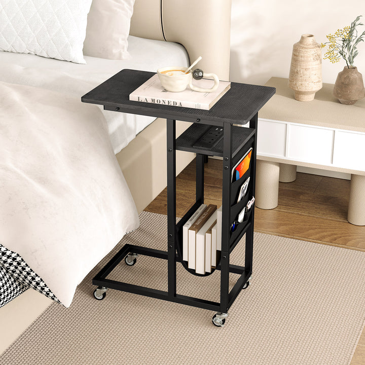 C-shaped End Table Rolling with Charging Station and Retractable Tabletop - TidySpaces