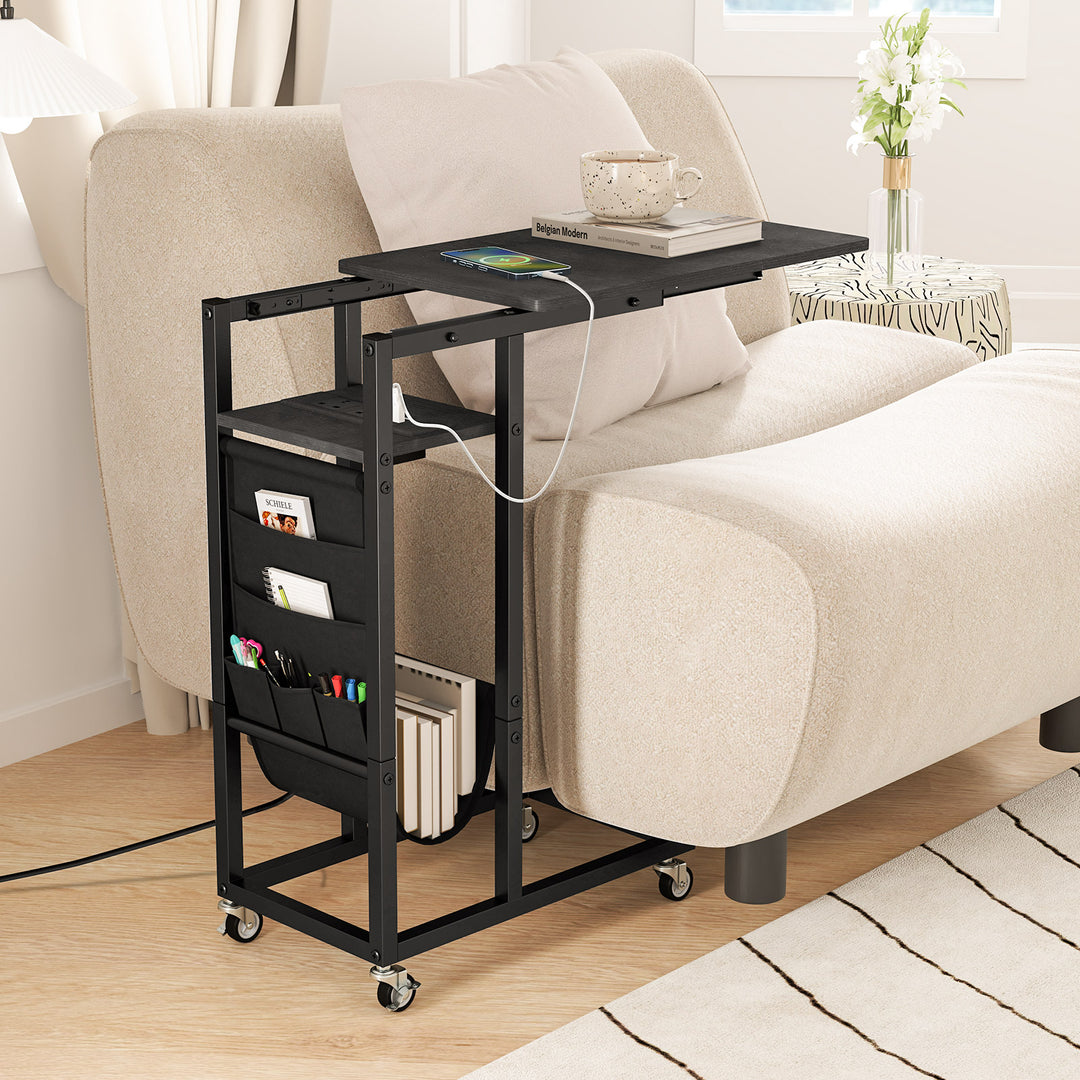 C-shaped End Table Rolling with Charging Station and Retractable Tabletop - TidySpaces